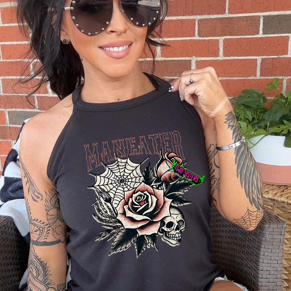 "Maneater" Black Spaghetti Strap Tank Top or Rocker Tank Top + Gingham Plaid Shorts - Matching Set - Add Notes For Different Size Top & Bottom