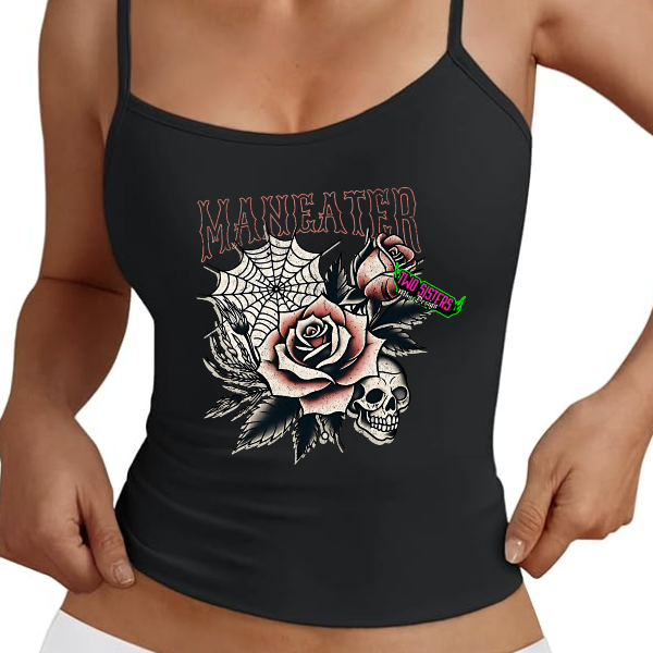 "Maneater" Black Spaghetti Strap Tank Top or Rocker Tank Top + Gingham Plaid Shorts - Matching Set - Add Notes For Different Size Top & Bottom