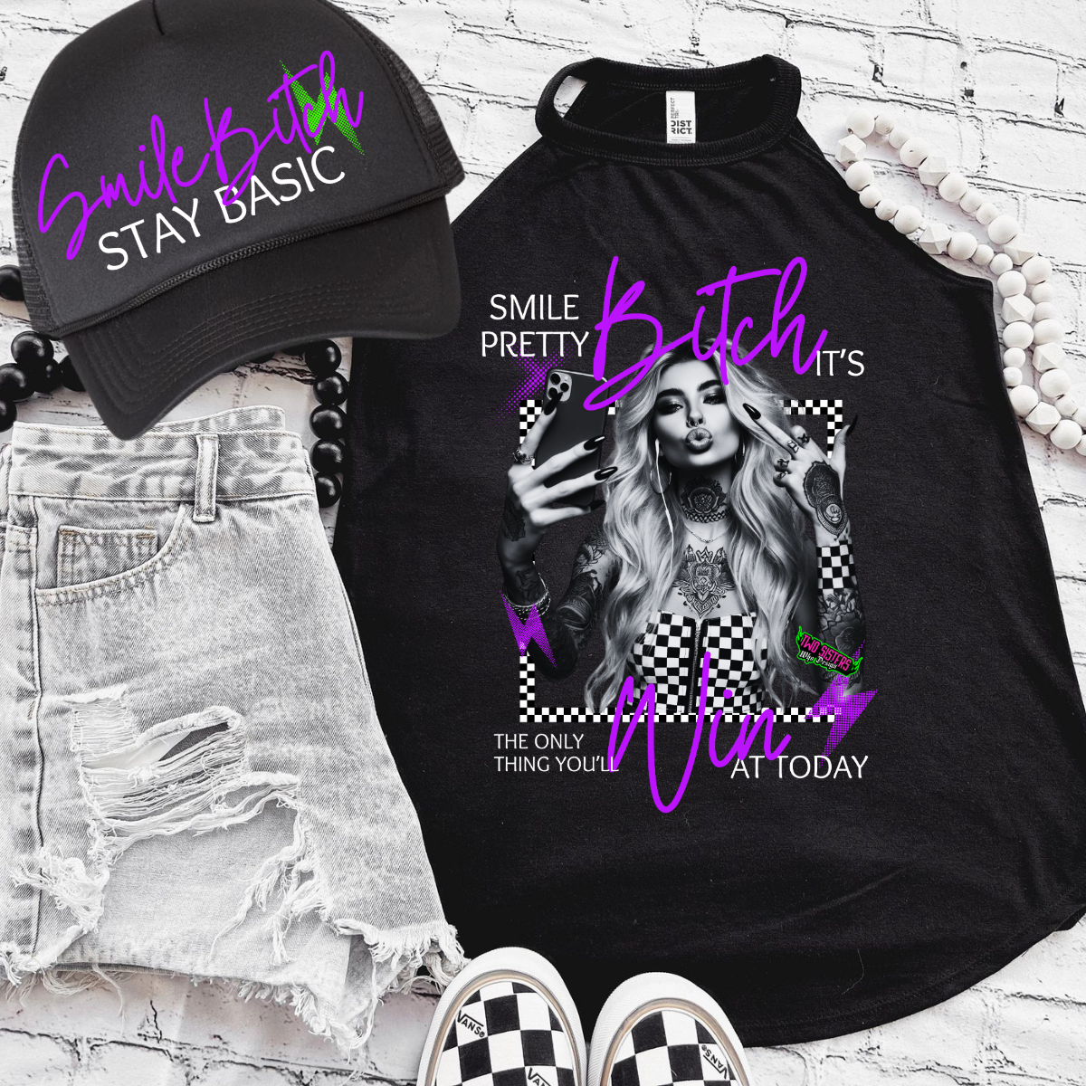 *EXCLUSIVE* Smile Pretty Bitch, It Will Be the Only Thing You'll Win Today - Black Mineral Wash TShirt, Black Rocker Tank, Sweatshirt, Hoodie, or Zip Up Hoodie | Trucker Hat
