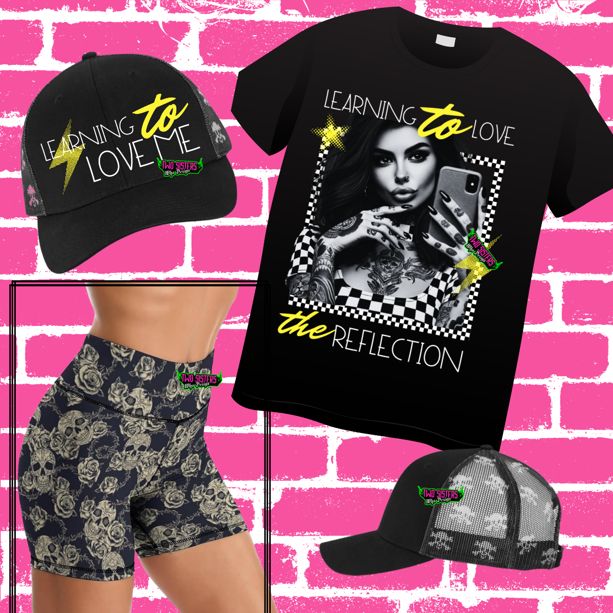 *EXCLUSIVE BUNDLE* Learning to Love the Reflection Tee + "Learning to Love Me" Trucker Hat + Skull Biker Shorts
