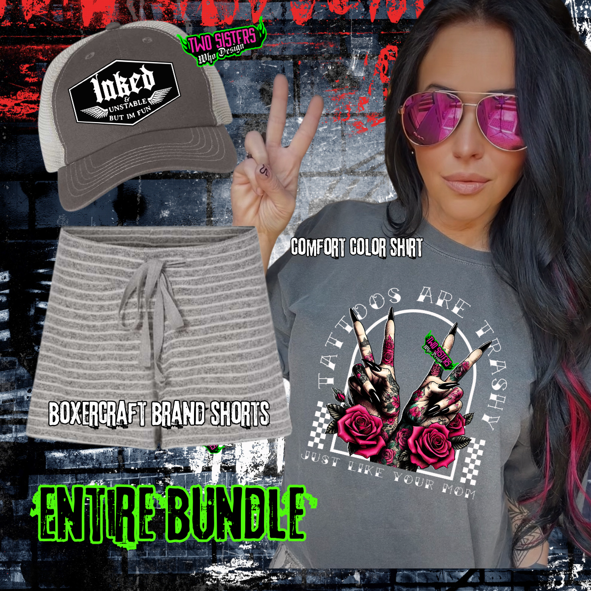 LIMITED EDITION: Tattoos Are Trashy Graphic TShirt + Boxercraft Striped Shorts + Trucker Hat Bundle