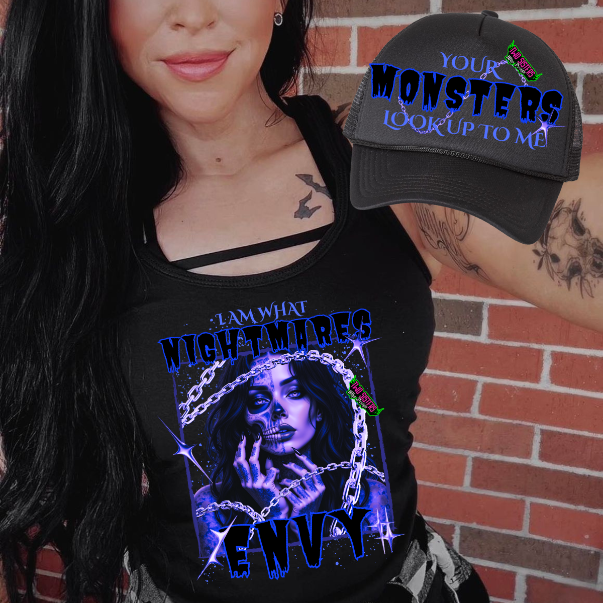 LIMITED EDITION: I Am What Nightmares Envy Racerback Tank Top + Biker Shorts + Trucker Hat Bundle