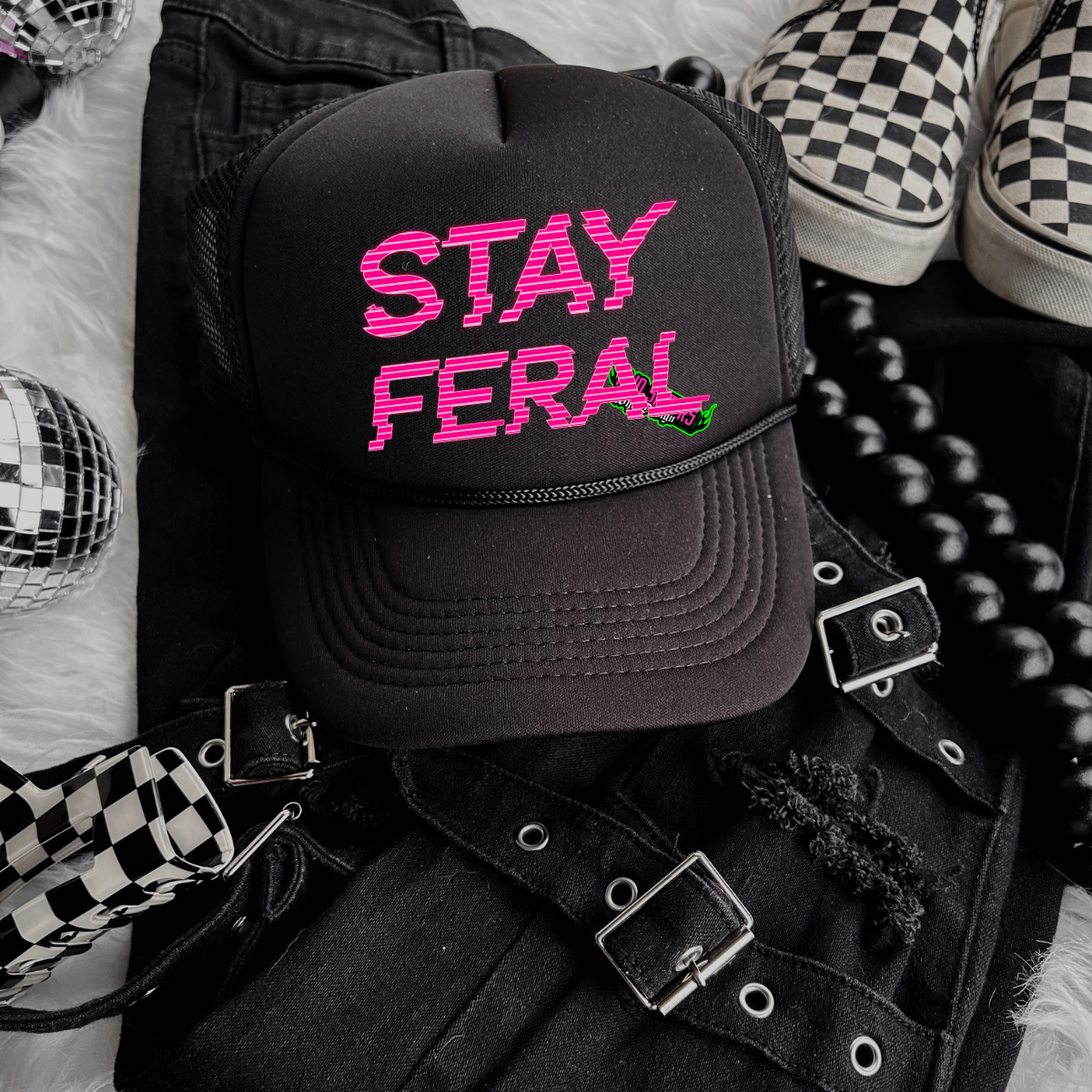 Stay Feral Hot Pink on Camo (Glitch Print) - Camo TShirt + Optional Camo Shorts + FREE Trucker Hat