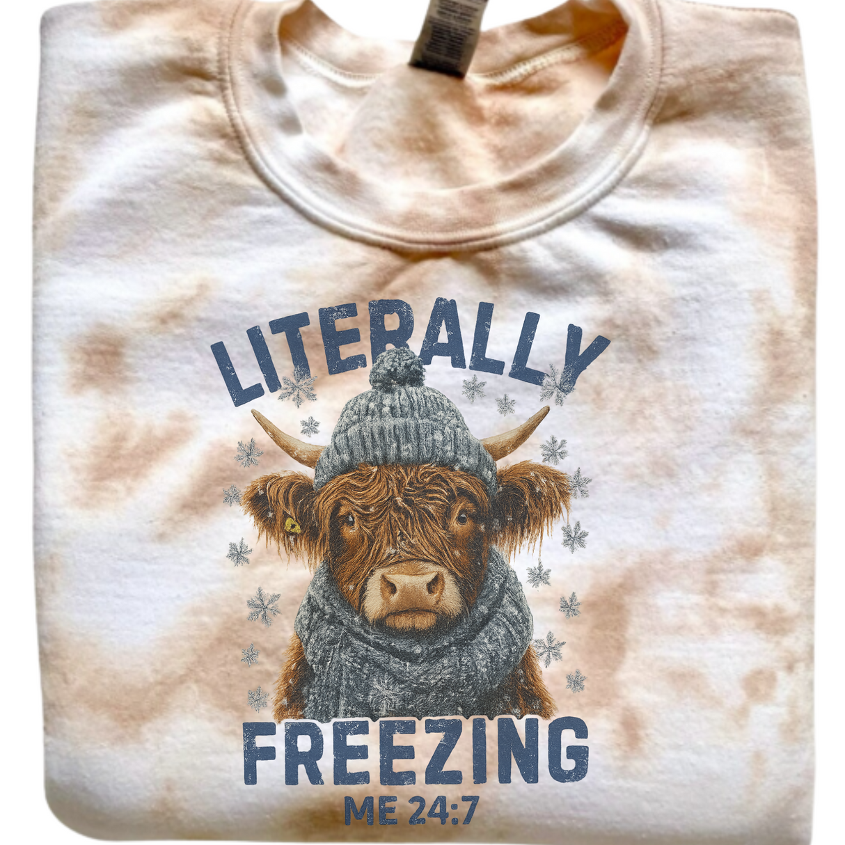 HIGHLAND COW LITERALLY FREEZING MARBLED TIE DYE OR SAND SWEATSHIRT