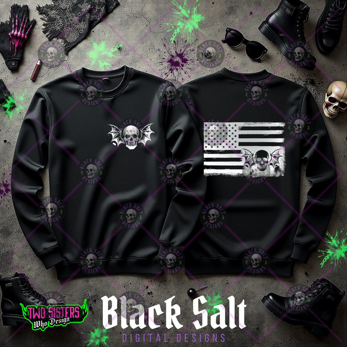 PATRIOTIC FLAG SWEATSHIRT WITH SKULLS & BATS