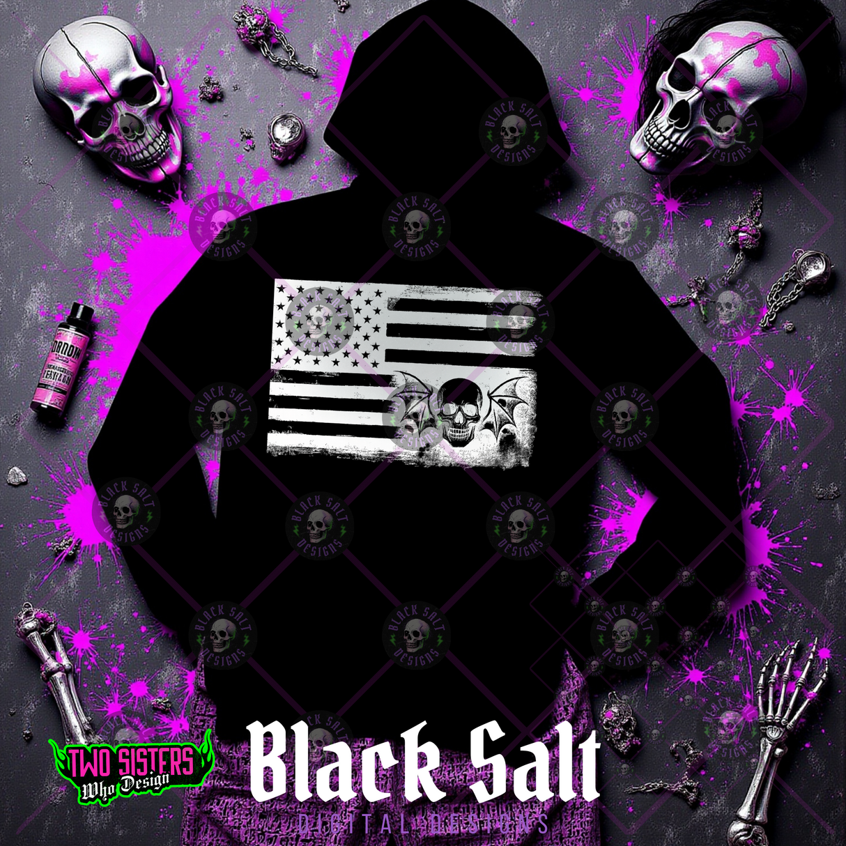 PATRIOTIC FLAG SWEATSHIRT WITH SKULLS & BATS