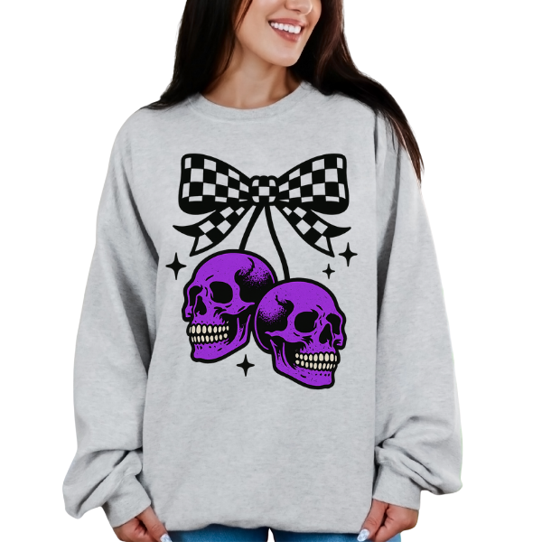 *OVERSIZED PRINT* PURPLE SKULL WITH CHECKERED BOW