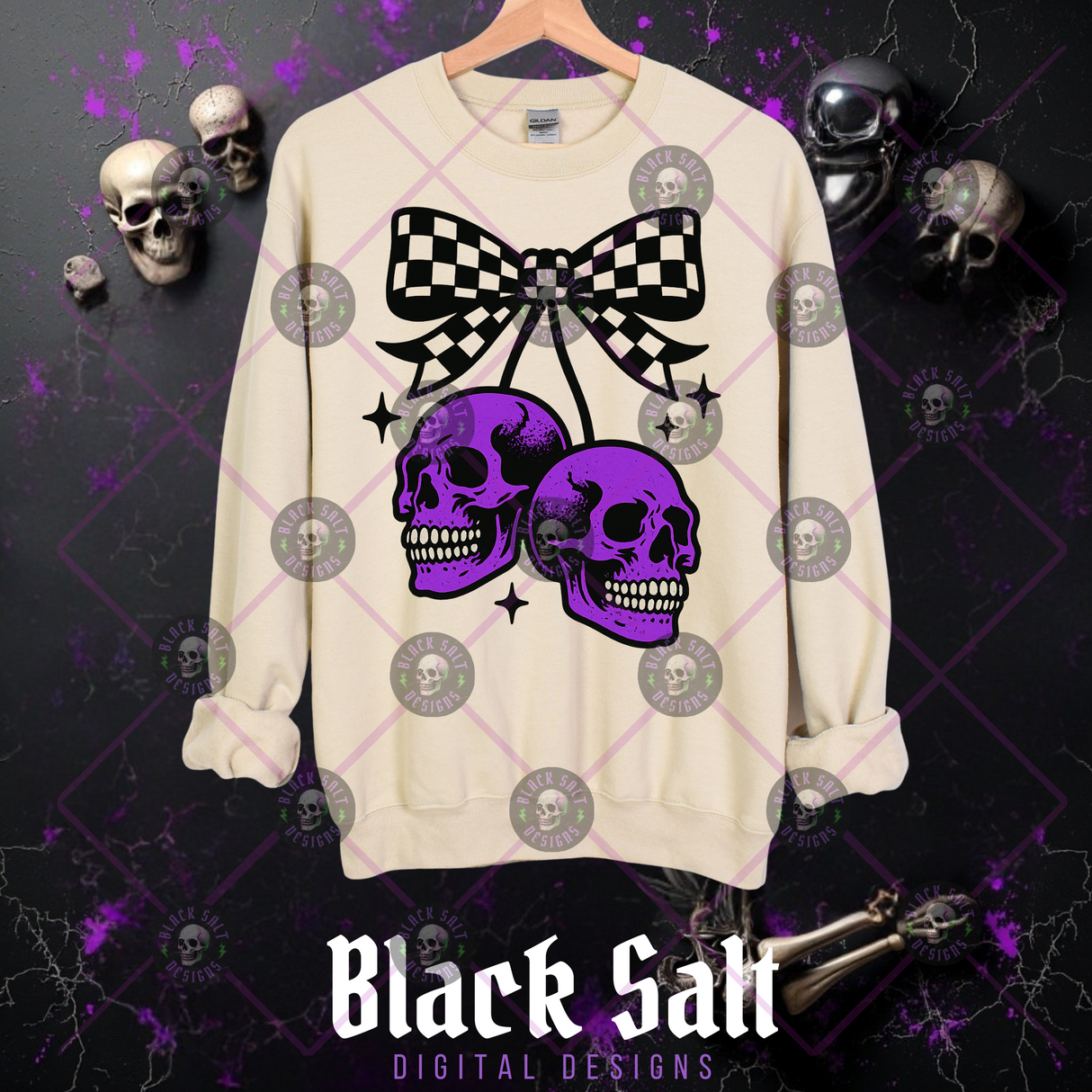 *OVERSIZED PRINT* PURPLE SKULL WITH CHECKERED BOW