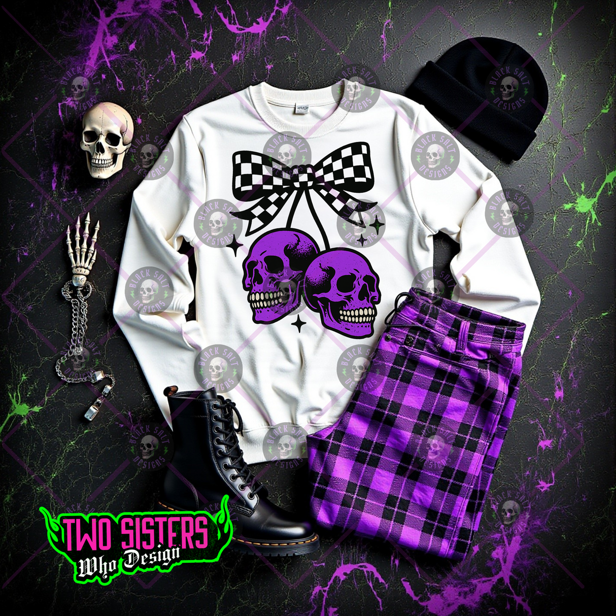 *OVERSIZED PRINT* PURPLE SKULL WITH CHECKERED BOW