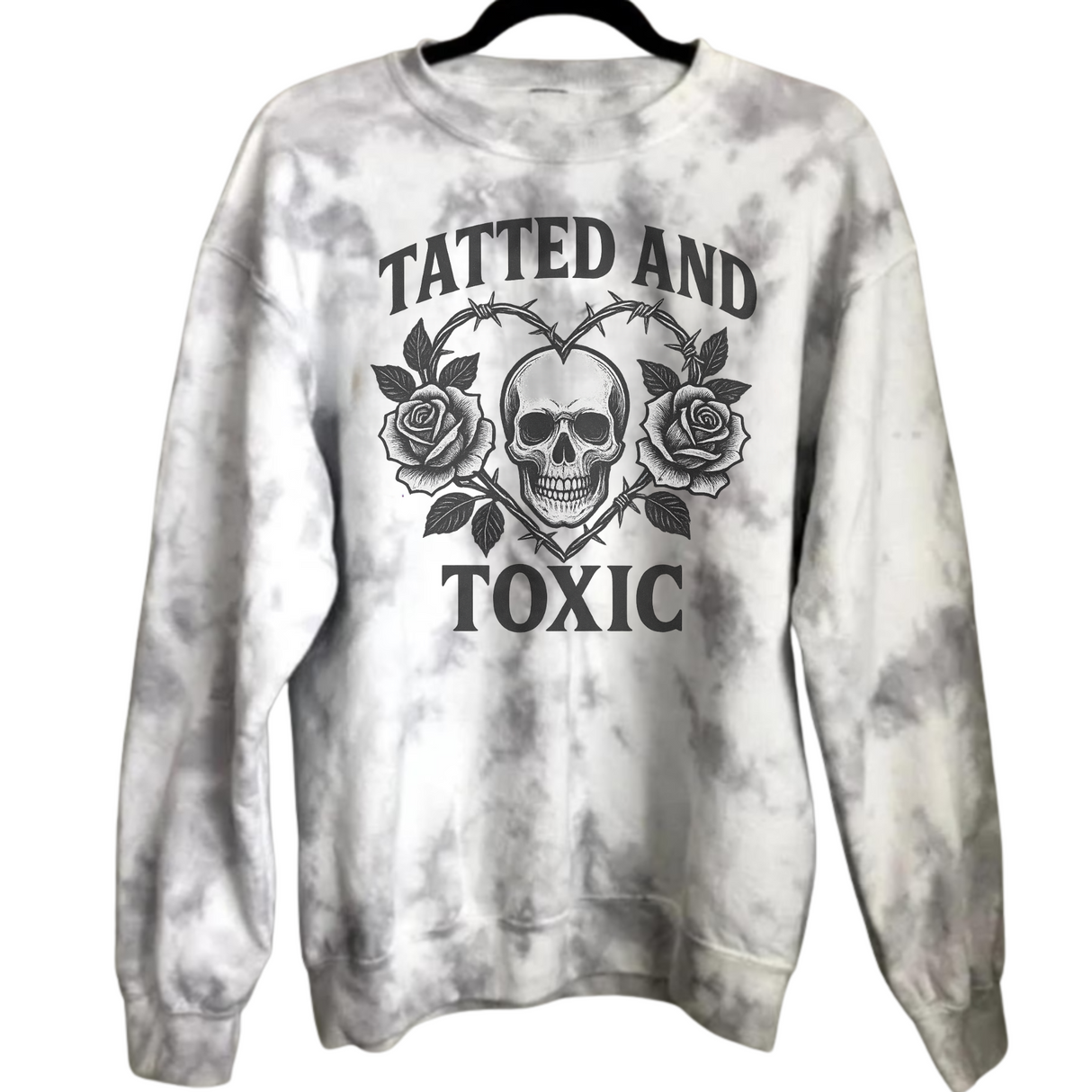GREY MARBLED TIE DYE TATTED AND TOXIC SKULL AND ROSE