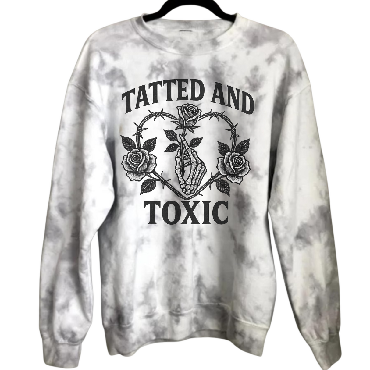 GREY MARBLED TIE DYE TATTED AND TOXIC WITH HAND AND ROSE