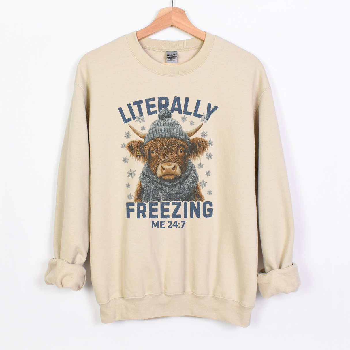 HIGHLAND COW LITERALLY FREEZING MARBLED TIE DYE OR SAND SWEATSHIRT