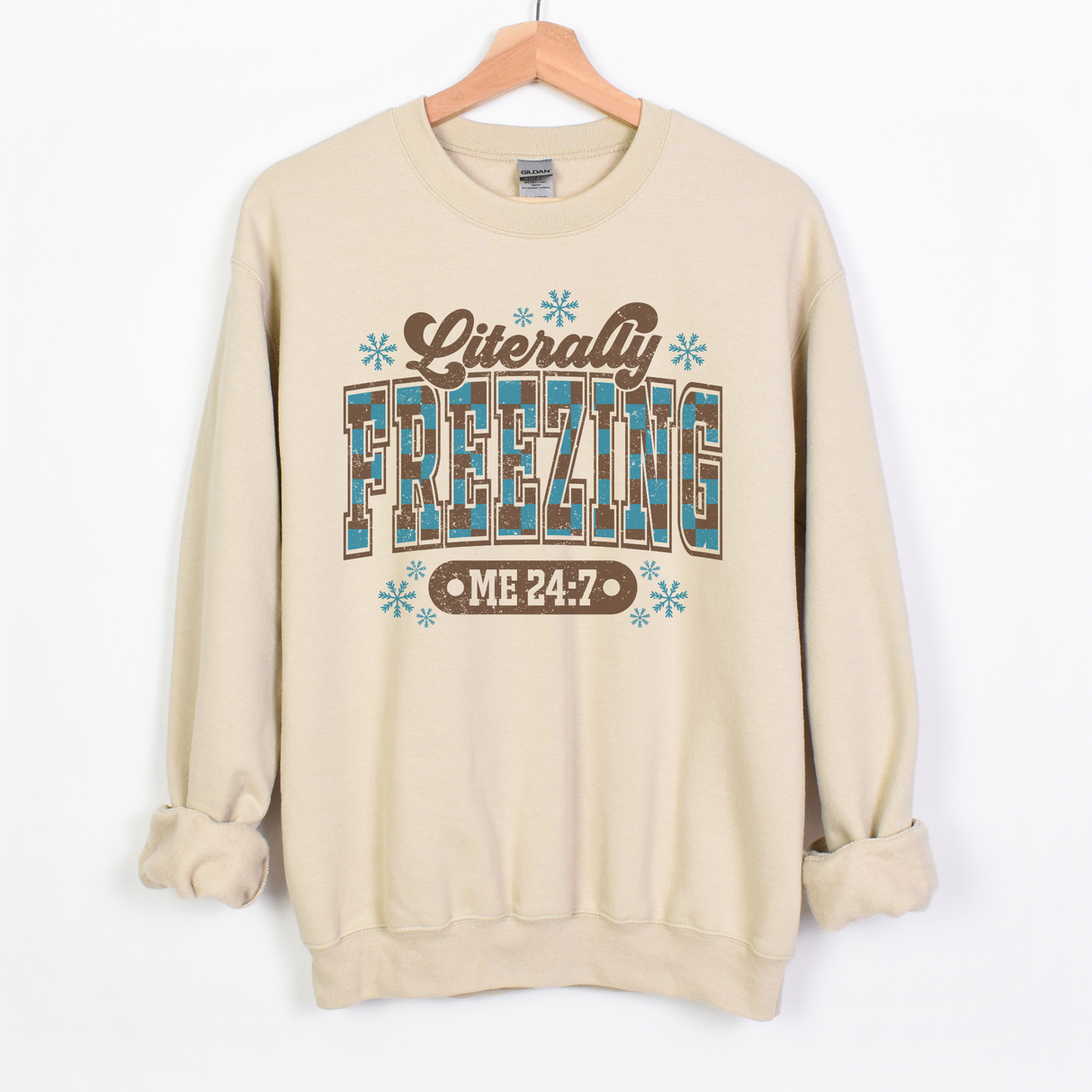 CHECKERED PATTERN LITERALLY FREEZING MARBLED TIE DYE OR SAND SWEATSHIRT