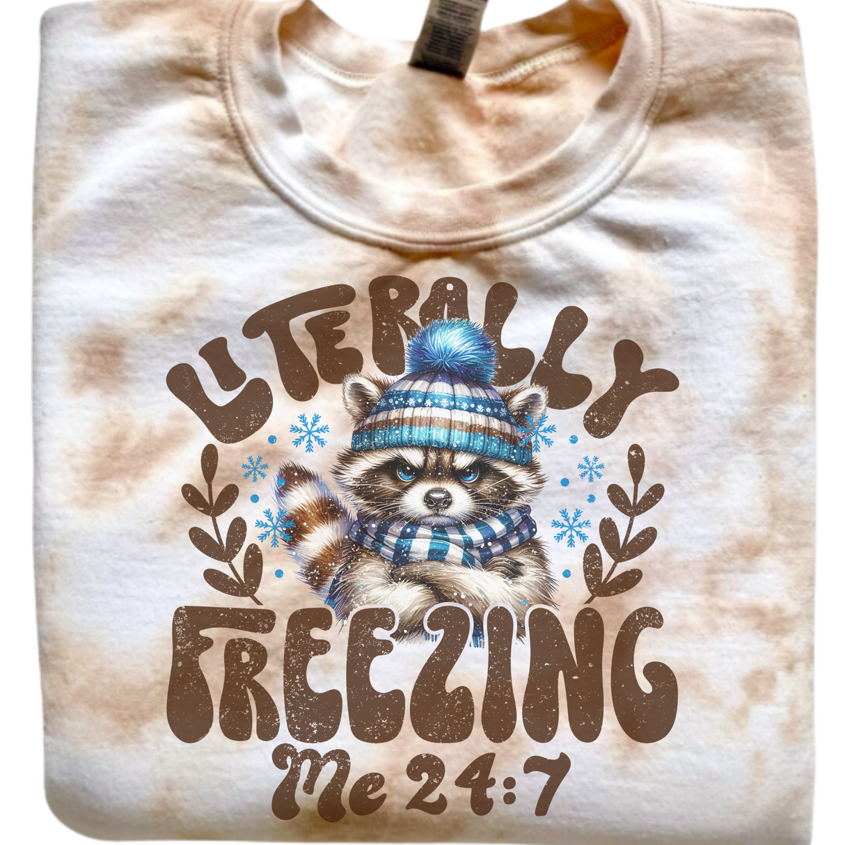 RACOON LITERALLY FREEZING MARBLED TIE DYE OR SAND SWEATSHIRT