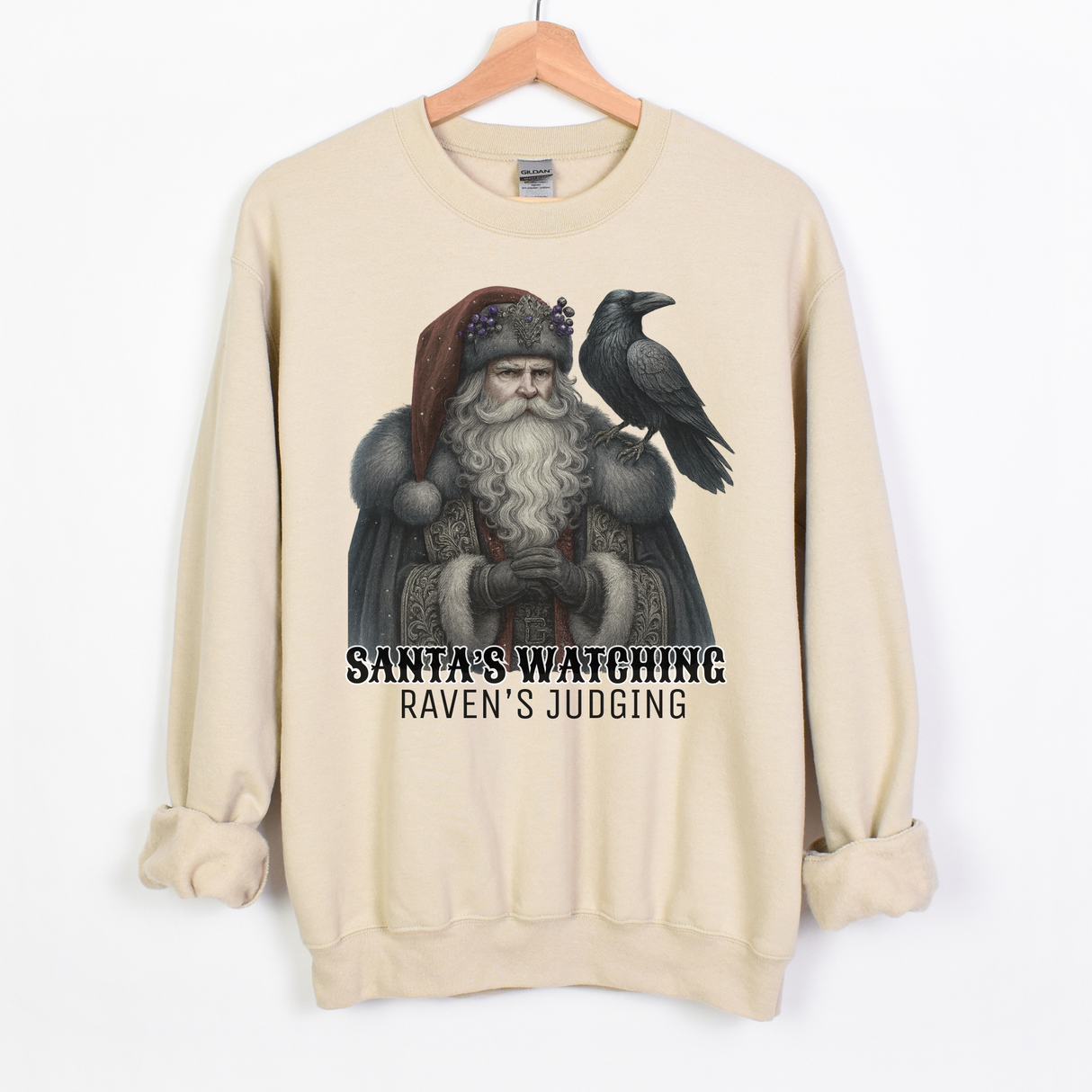 SANTA'S WATCHING, RAVEN'S JUDING MARBLED GREY TIE DYE OR SAND SWEATSHIRT