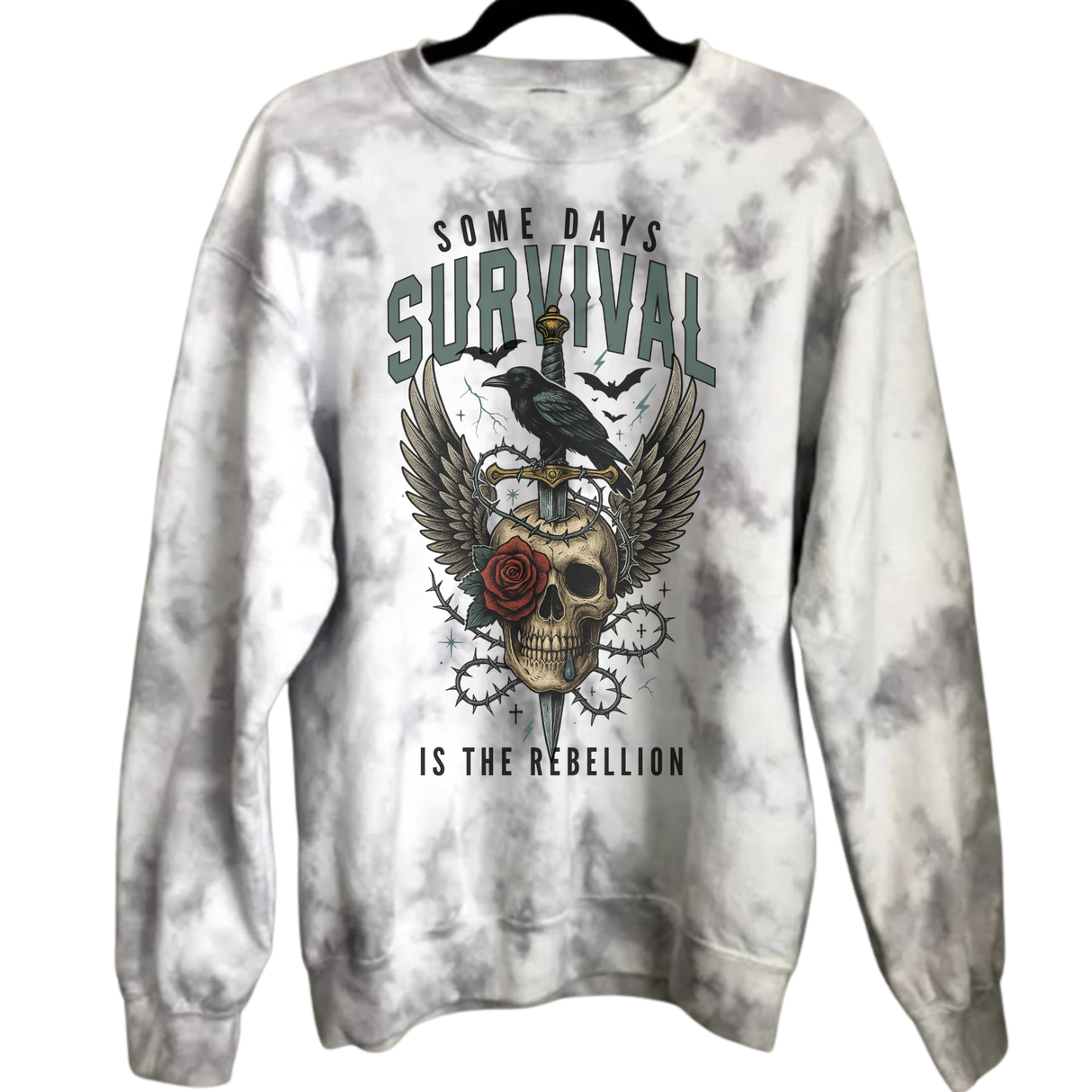 SOME DAYS SURVIVAL IS THE REBELLION MARBLED GREY TIE DYE OR SAND SWEATSHIRT