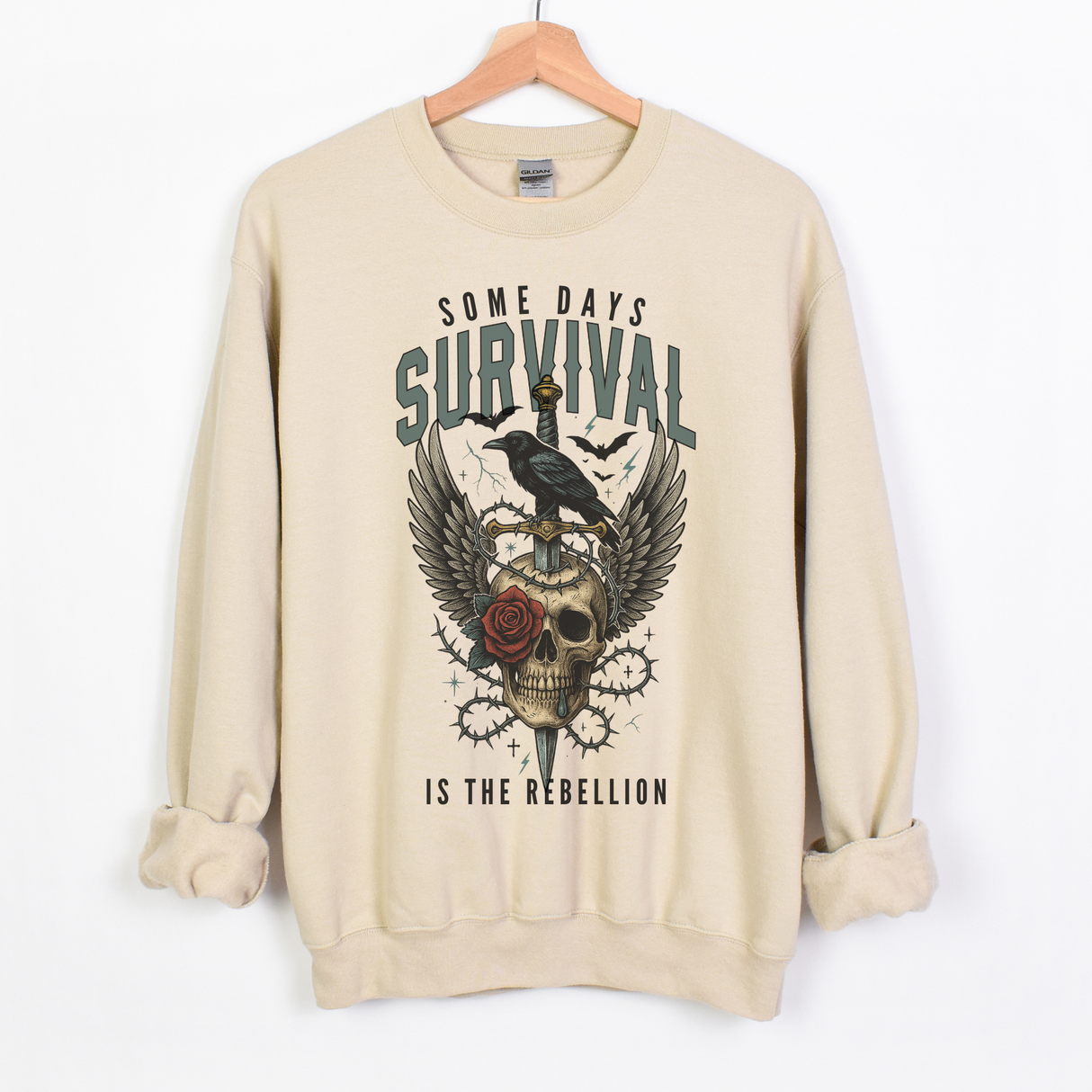 SOME DAYS SURVIVAL IS THE REBELLION MARBLED GREY TIE DYE OR SAND SWEATSHIRT