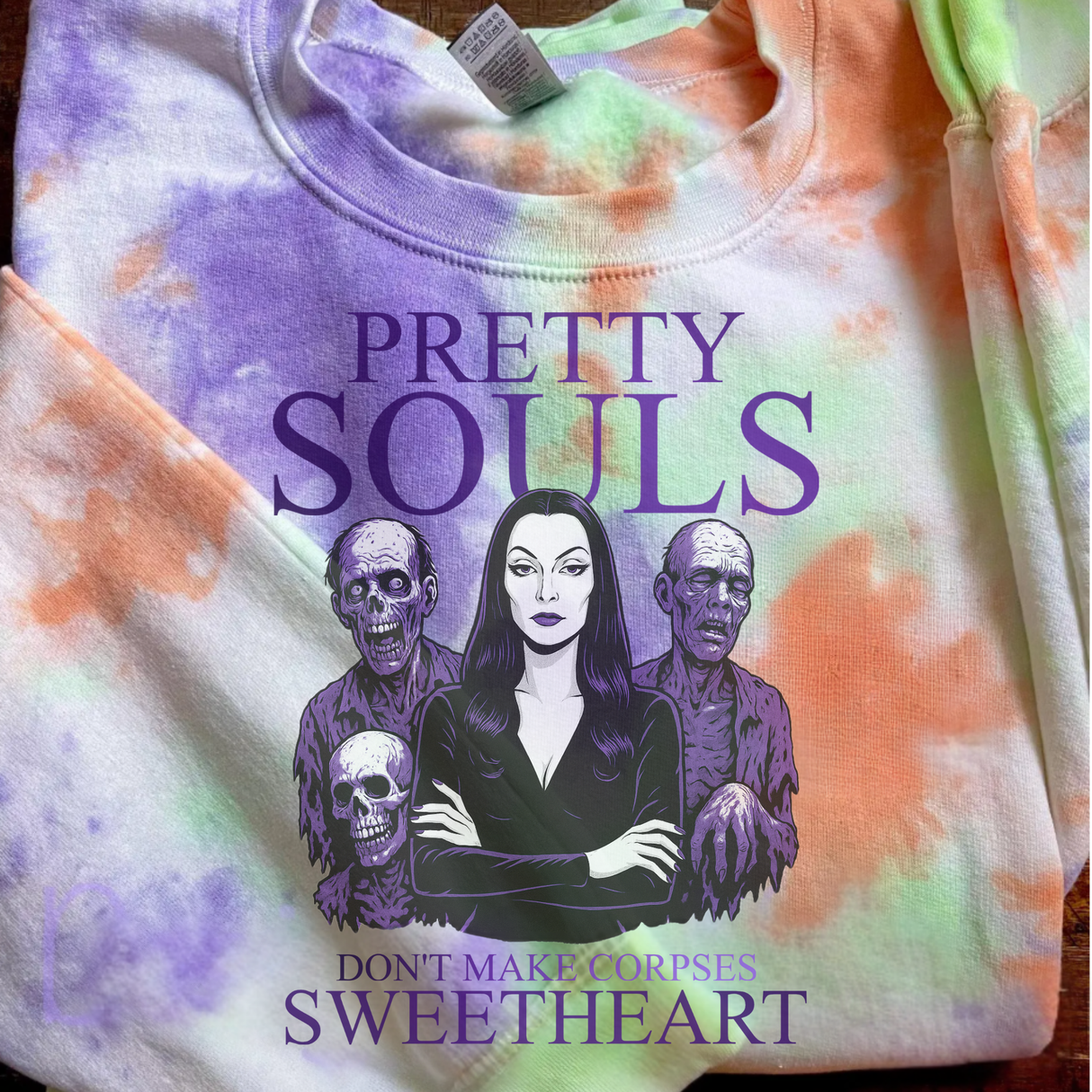 PRETTY SOULS DONT' MAKE CORPSES SWEETHEART PURPLE ORANGE AND GREEN TIE DYE SWEATSHIRT
