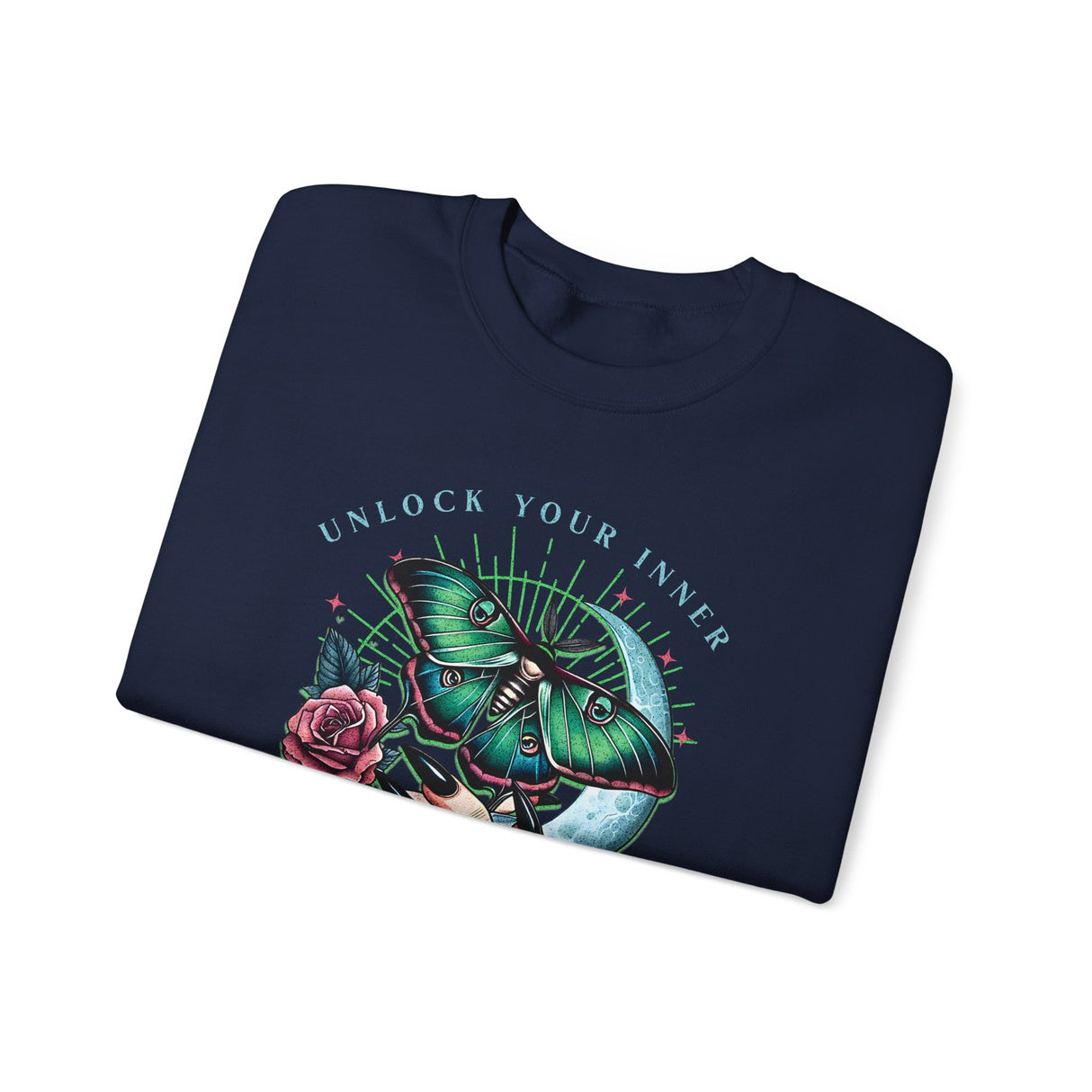 Unlock Your Inner Power crewneck sweatshirt | Moth, rose, moon illustration