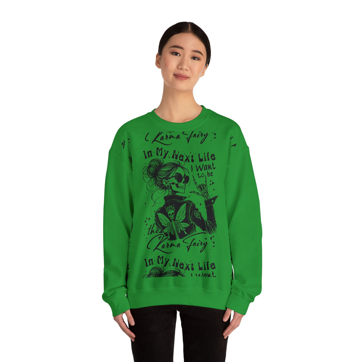 Karma Fairy Skeleton Illustration Crewneck Sweatshirt | Goth Skull Art, Boho Butterfly