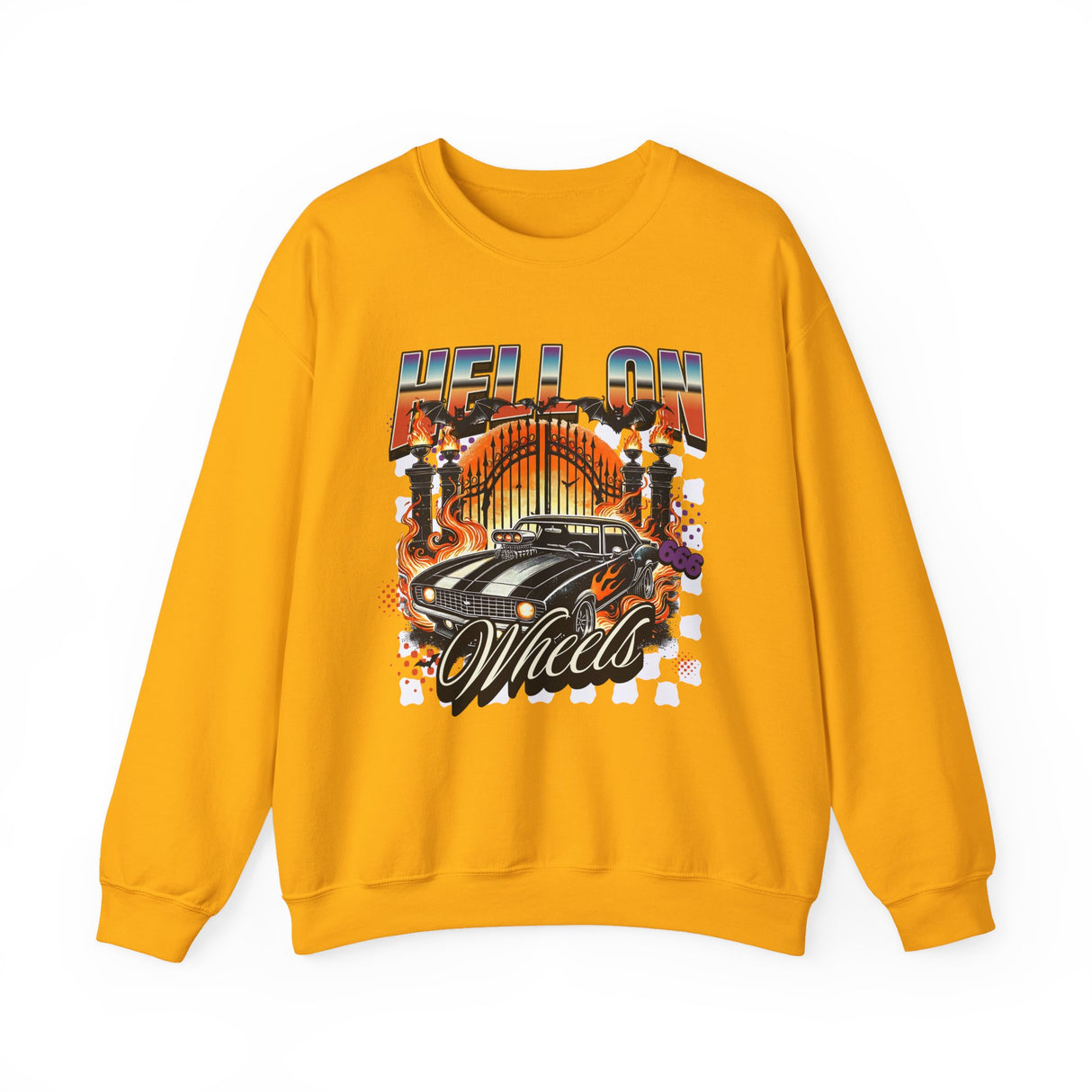Hell on Wheels car graphic Sweatshirt | retro muscle car, flaming gates, vintage racing