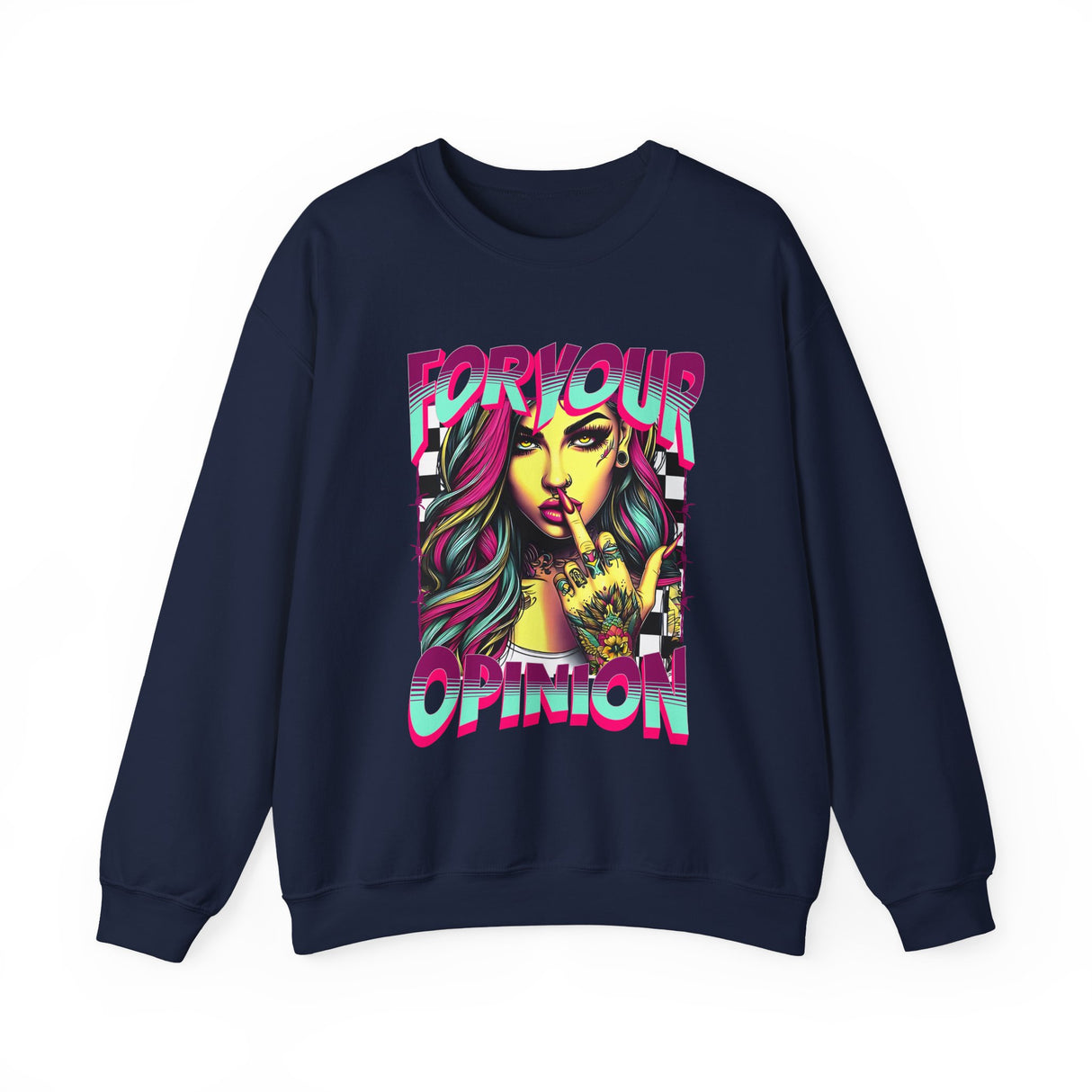 For Your Opinion graphic crewneck, edgy neon girl illustration
