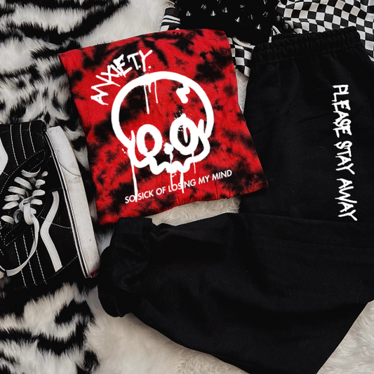 **COMPLETE SET**Anxiety, So Sick of Losing My Mind & Please Stay Away Red & Black Tie Dye Sweatpant Set