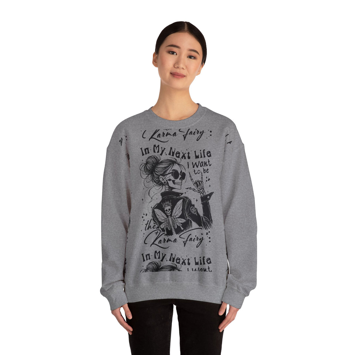 Karma Fairy Skeleton Illustration Crewneck Sweatshirt | Goth Skull Art, Boho Butterfly