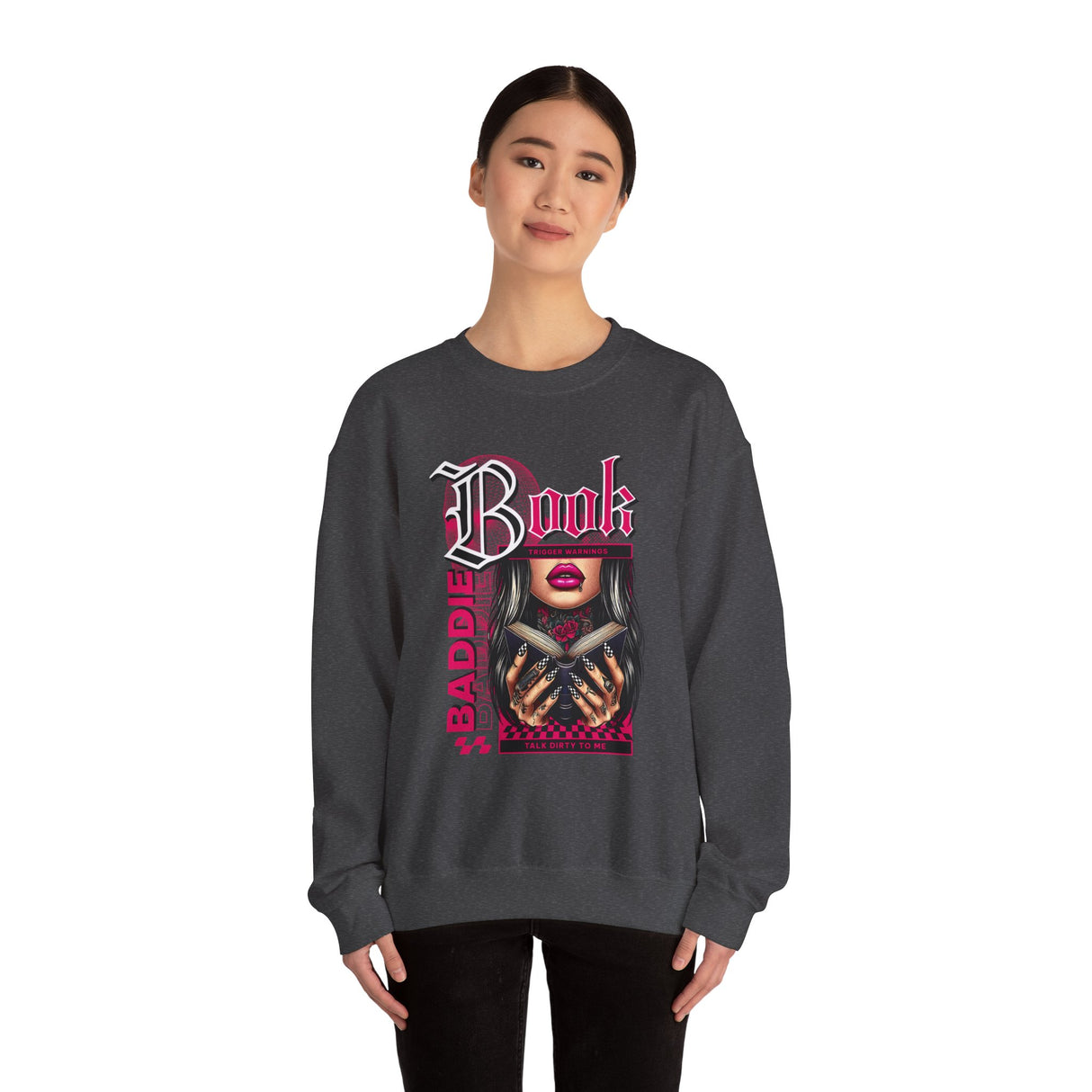 Baddie Book Graphic Sweatshirt | Gothic Pink Lips, Hand Tattoo Illustration