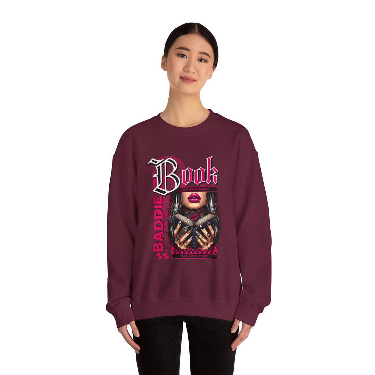 Baddie Book Graphic Sweatshirt | Gothic Pink Lips, Hand Tattoo Illustration