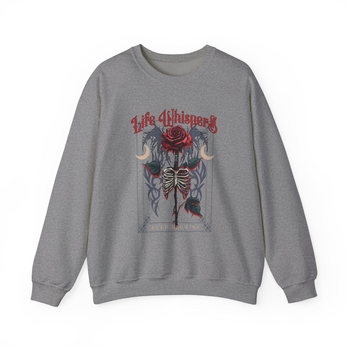 Life Whispers Keep Going Rose Skeleton Chest Crewneck Sweatshirt | Gothic Moon Graphic