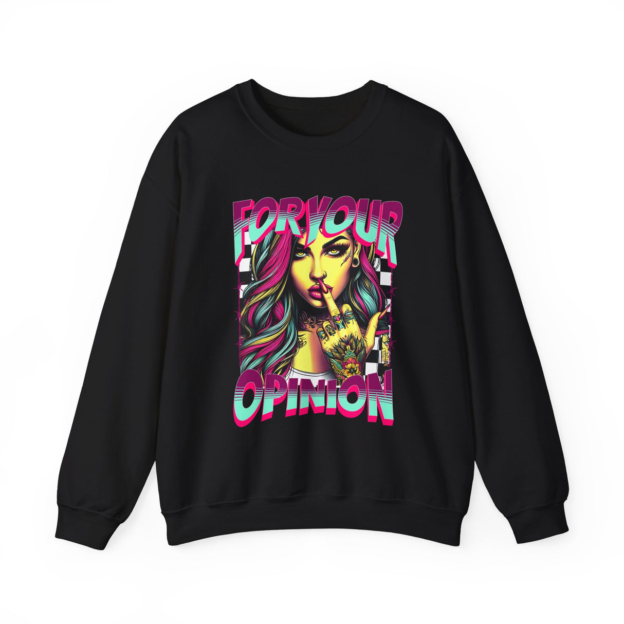 For Your Opinion graphic crewneck, edgy neon girl illustration