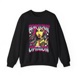 For Your Opinion graphic crewneck, edgy neon girl illustration