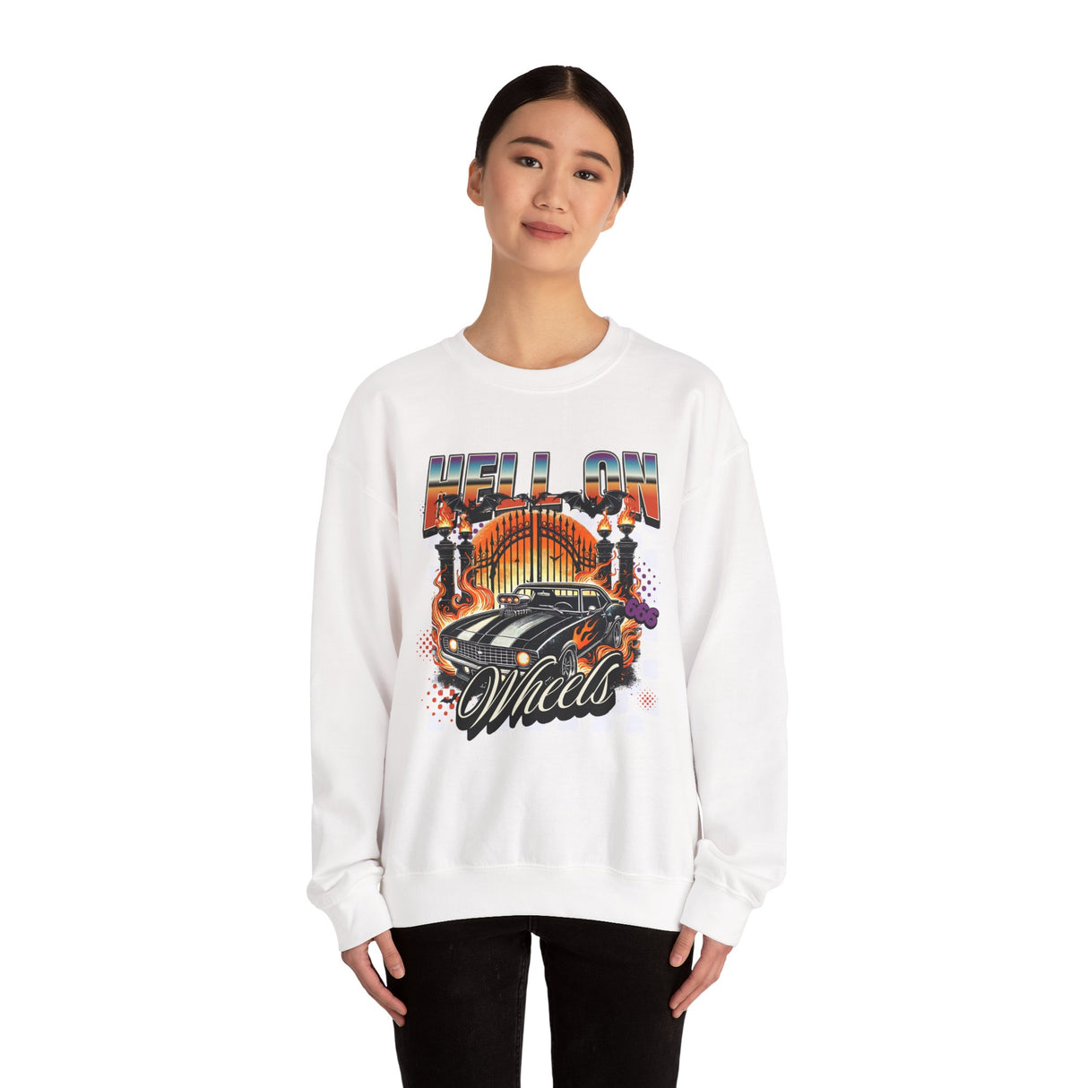 Hell on Wheels car graphic Sweatshirt | retro muscle car, flaming gates, vintage racing
