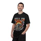 Hell on Wheels car graphic T-Shirt | vintage muscle car, gate and flames