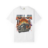 Hell on Wheels car graphic T-Shirt | vintage muscle car, gate and flames