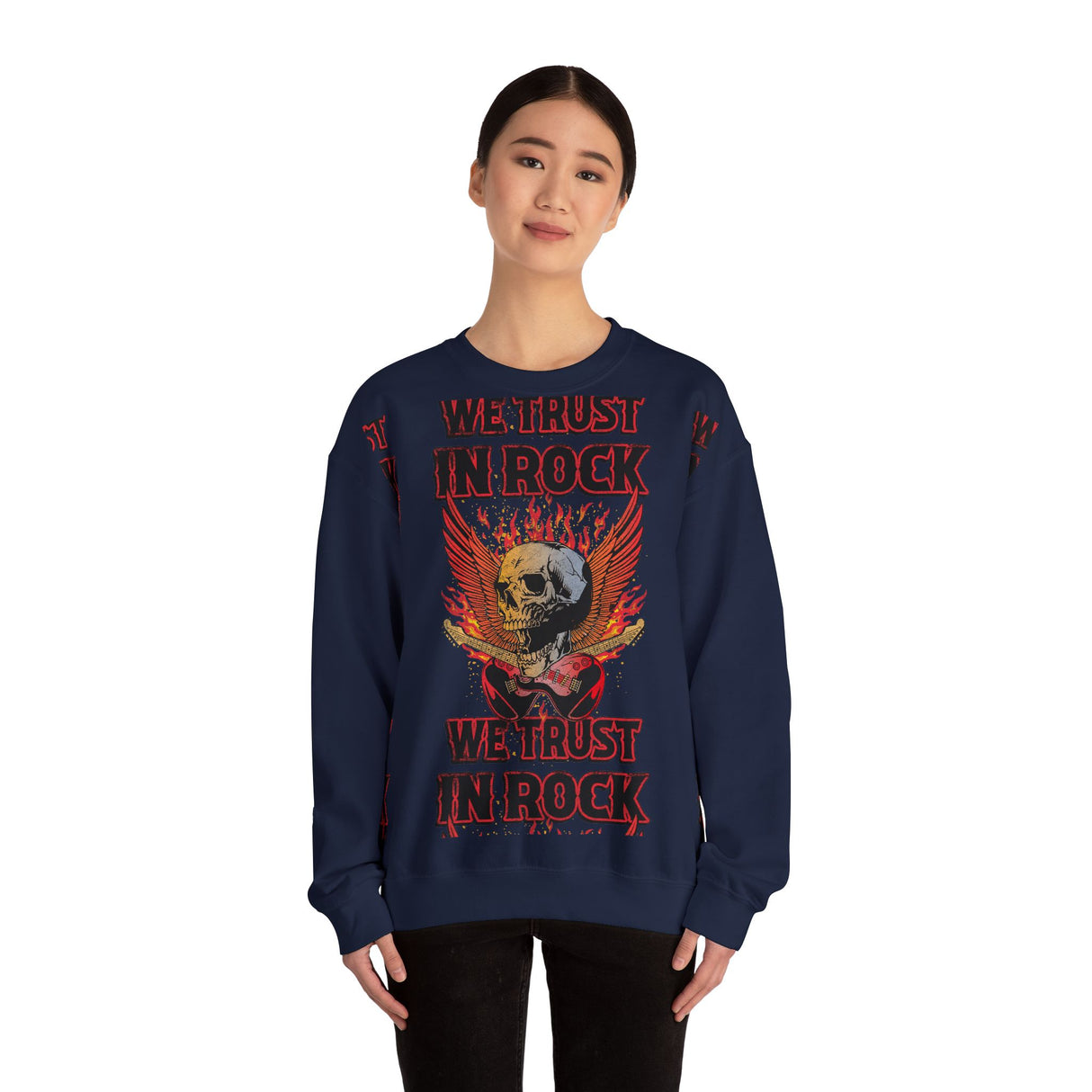 In Rock We Trust Skull with Flaming Wings Crewneck Sweatshirt | Rock Music Tee