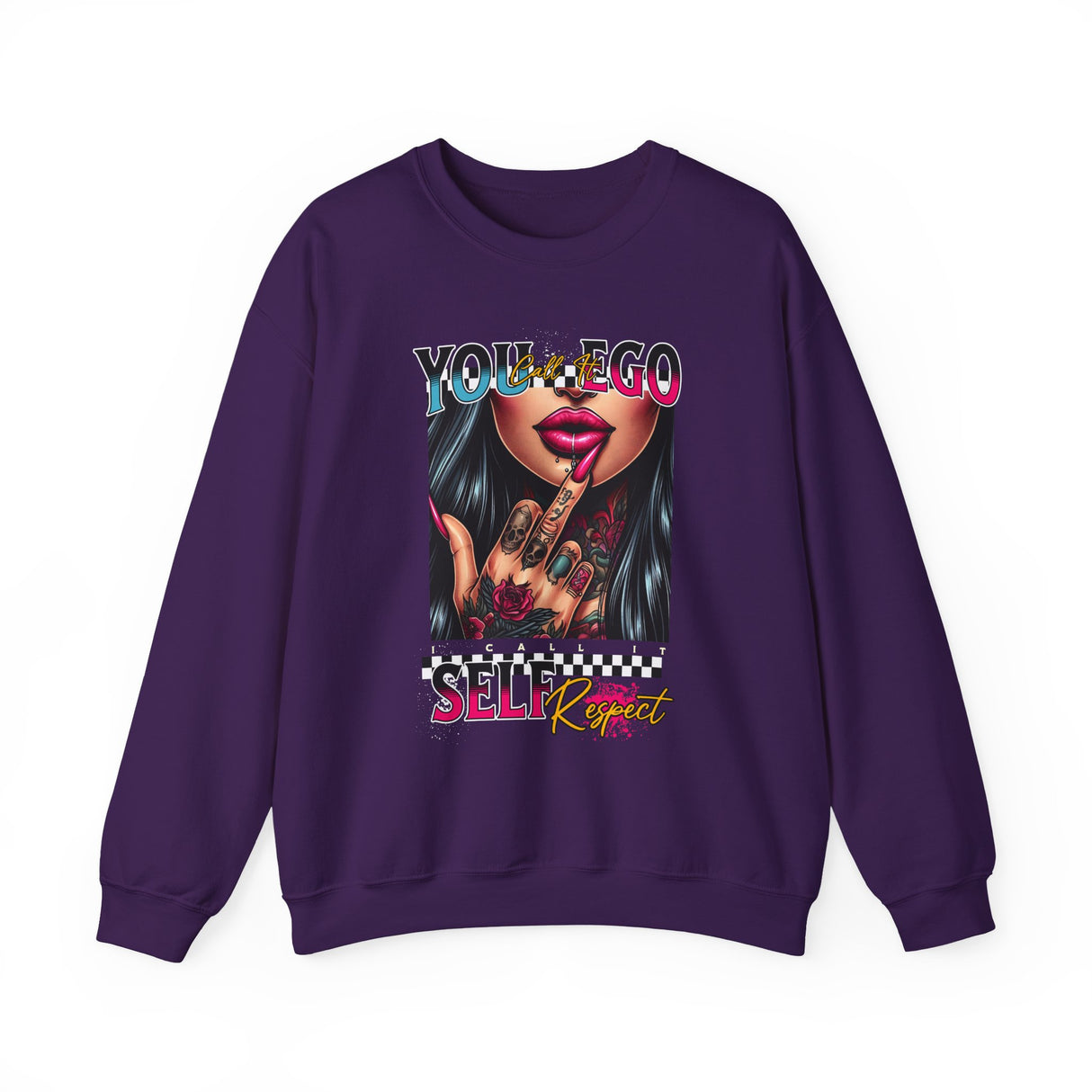 You Ego, Self Respect sweatshirt | Graphic woman flipping middle finger, neon text