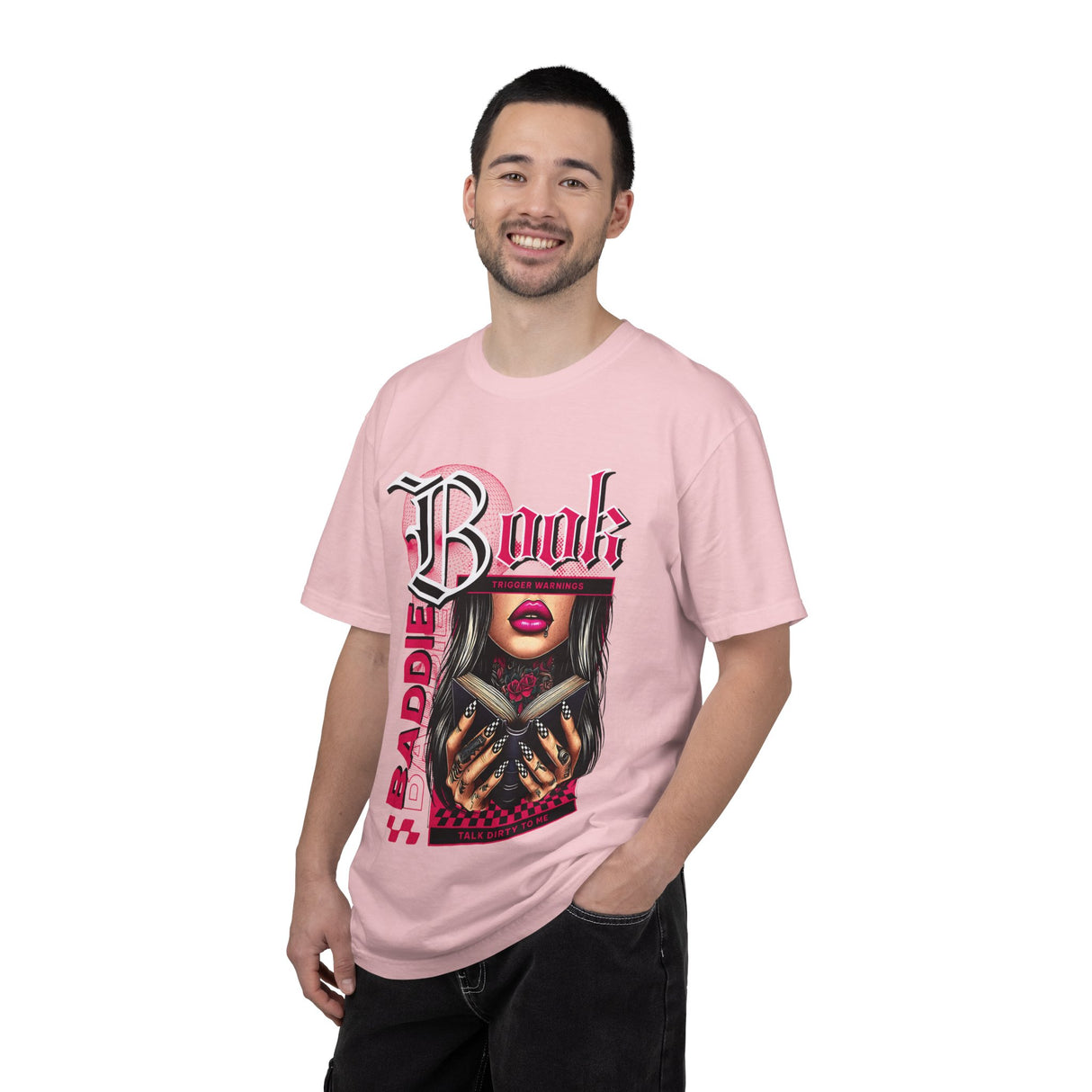 Baddie Book Graphic T-Shirt | Gothic Lip Art, Reading Girl Design