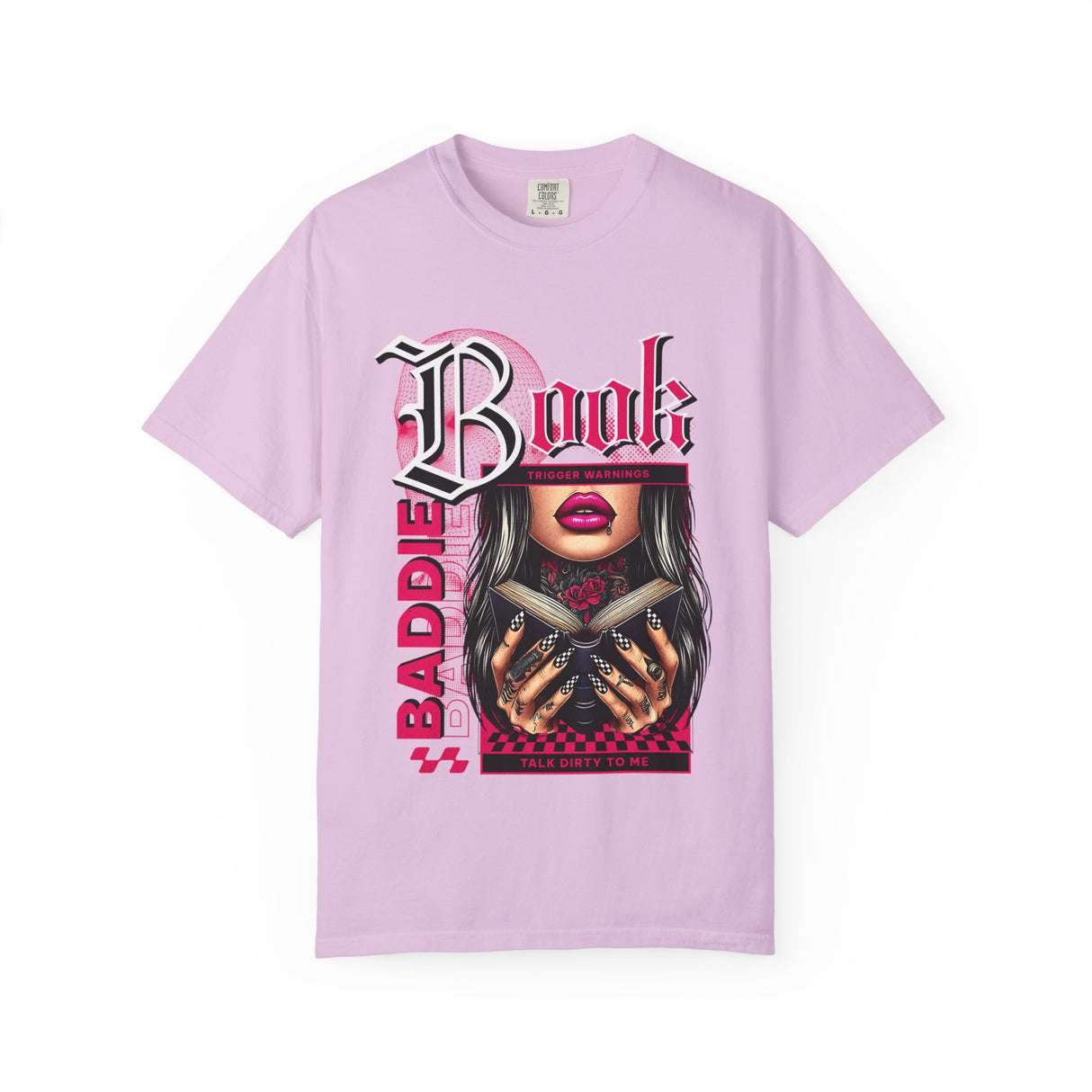 Baddie Book Graphic T-Shirt | Gothic Lip Art, Reading Girl Design