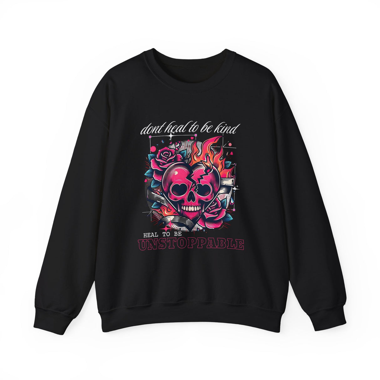 Skull Heart with Roses Crewneck Sweatshirt | Flaming Skull Graphic