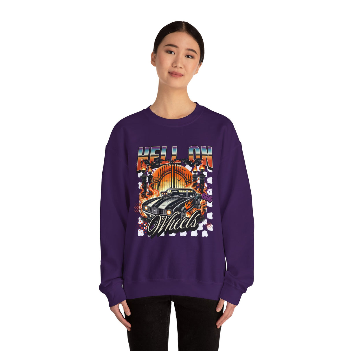 Hell on Wheels car graphic Sweatshirt | retro muscle car, flaming gates, vintage racing