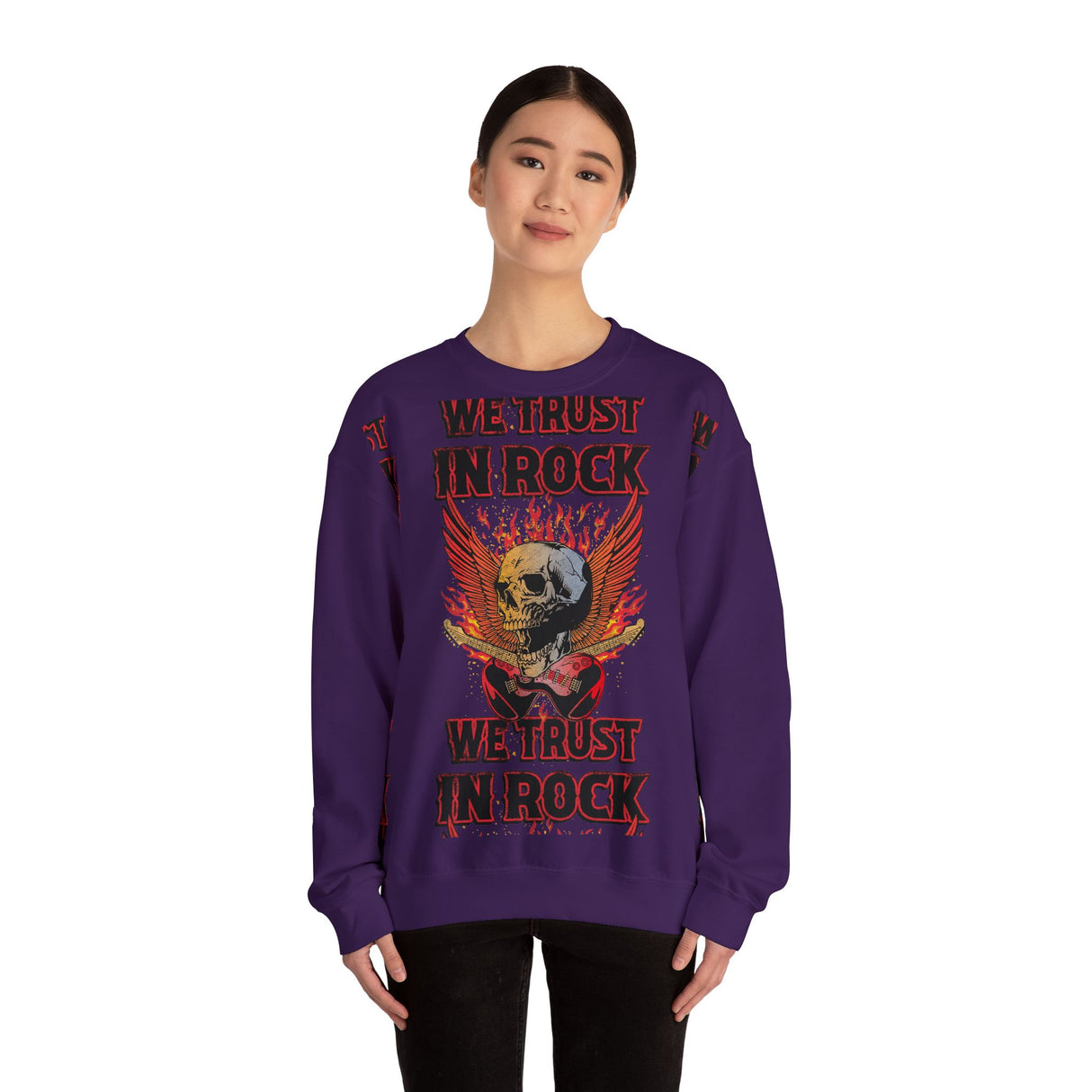 In Rock We Trust Skull with Flaming Wings Crewneck Sweatshirt | Rock Music Tee