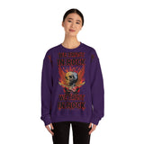 In Rock We Trust Skull with Flaming Wings Crewneck Sweatshirt | Rock Music Tee