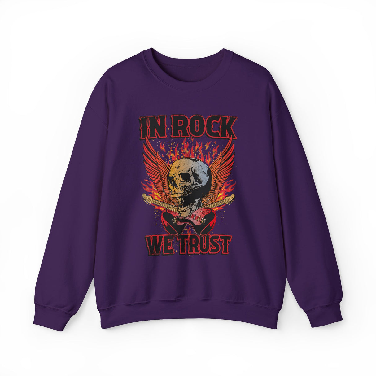 In Rock We Trust Skull with Flaming Wings Crewneck Sweatshirt | Rock Music Tee