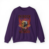 In Rock We Trust Skull with Flaming Wings Crewneck Sweatshirt | Rock Music Tee