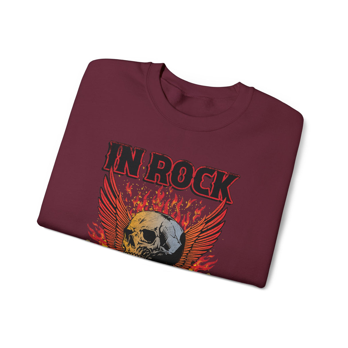 In Rock We Trust Skull with Flaming Wings Crewneck Sweatshirt | Rock Music Tee