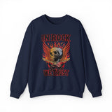 In Rock We Trust Skull with Flaming Wings Crewneck Sweatshirt | Rock Music Tee