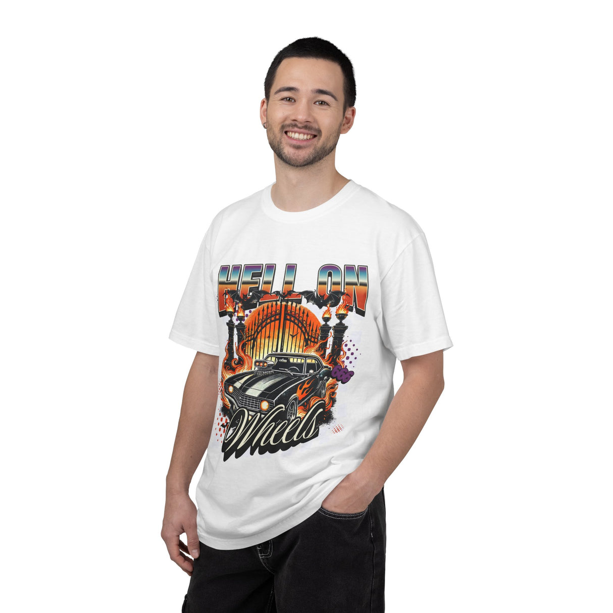 Hell on Wheels car graphic T-Shirt | vintage muscle car, gate and flames