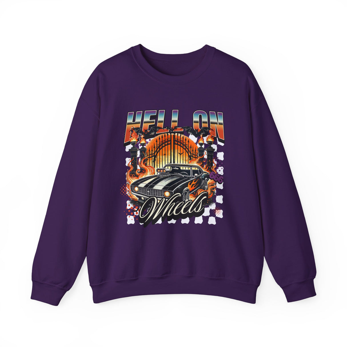 Hell on Wheels car graphic Sweatshirt | retro muscle car, flaming gates, vintage racing